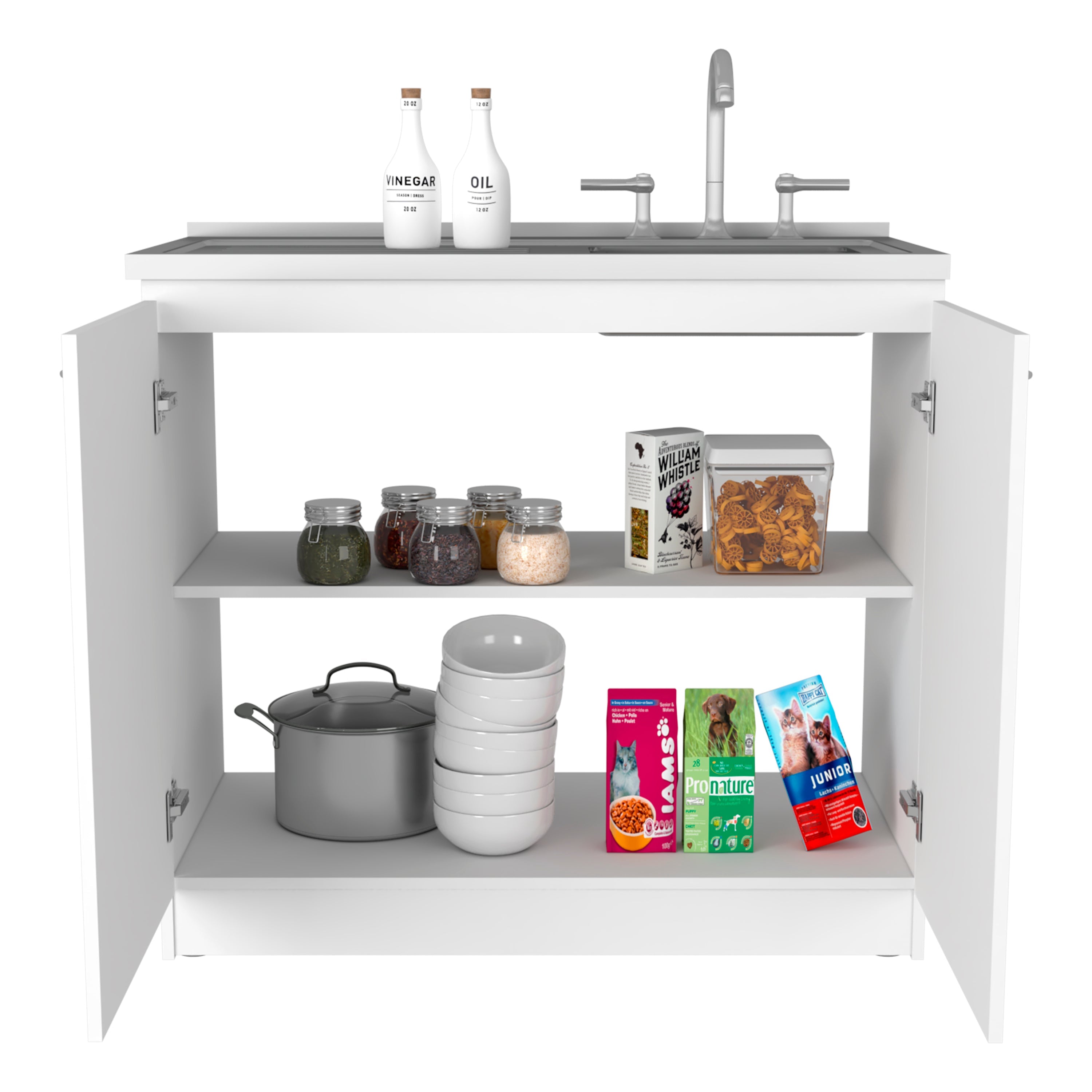 White Double Door Utility Sink Cabinet with Shelf