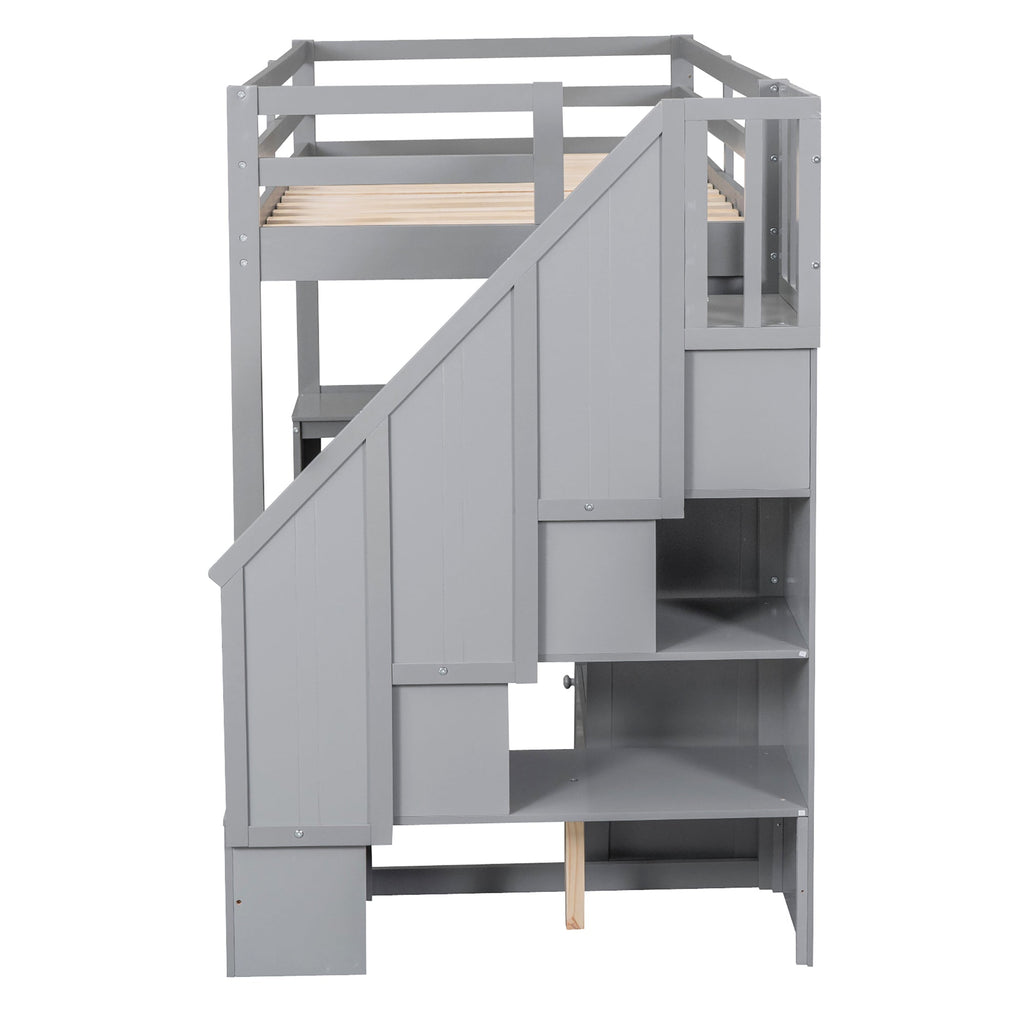 Gray Twin Size Loft Bed with L-Shaped Desk, Drawers, Cabinet and Storage Stai...