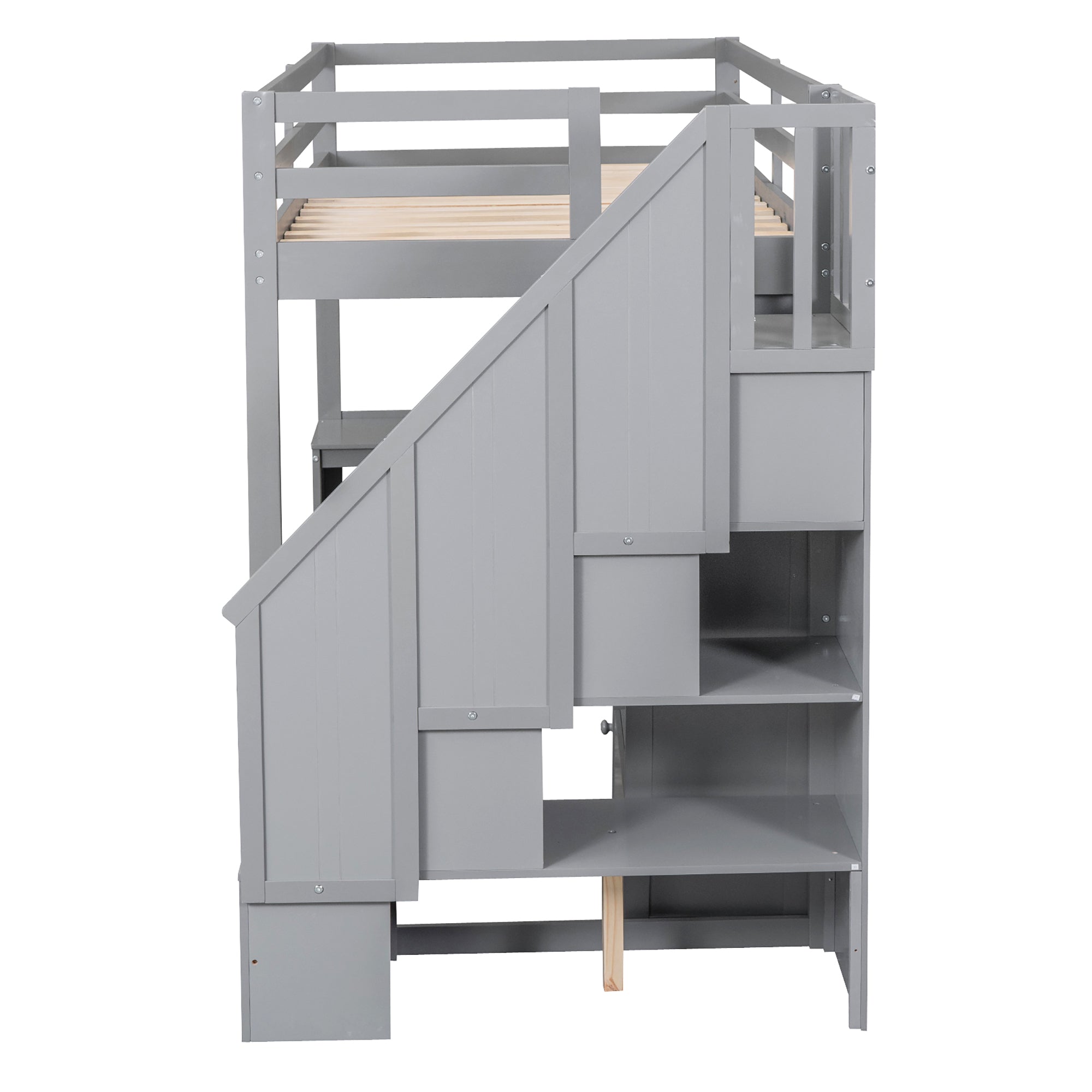 Gray Twin Size Loft Bed with L-Shaped Desk, Drawers, Cabinet and Storage Stai...