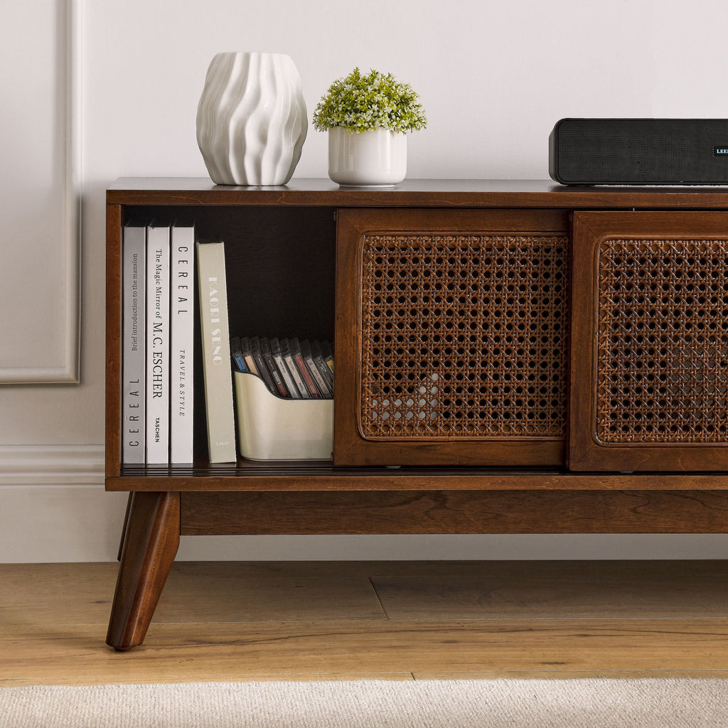 59" Mid Century Modern Rattan TV Stand with Wood Feet
