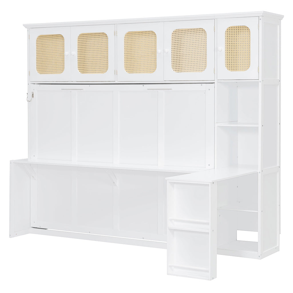 Murphy Bed with Desk and Rattan Cabinets, Warm White