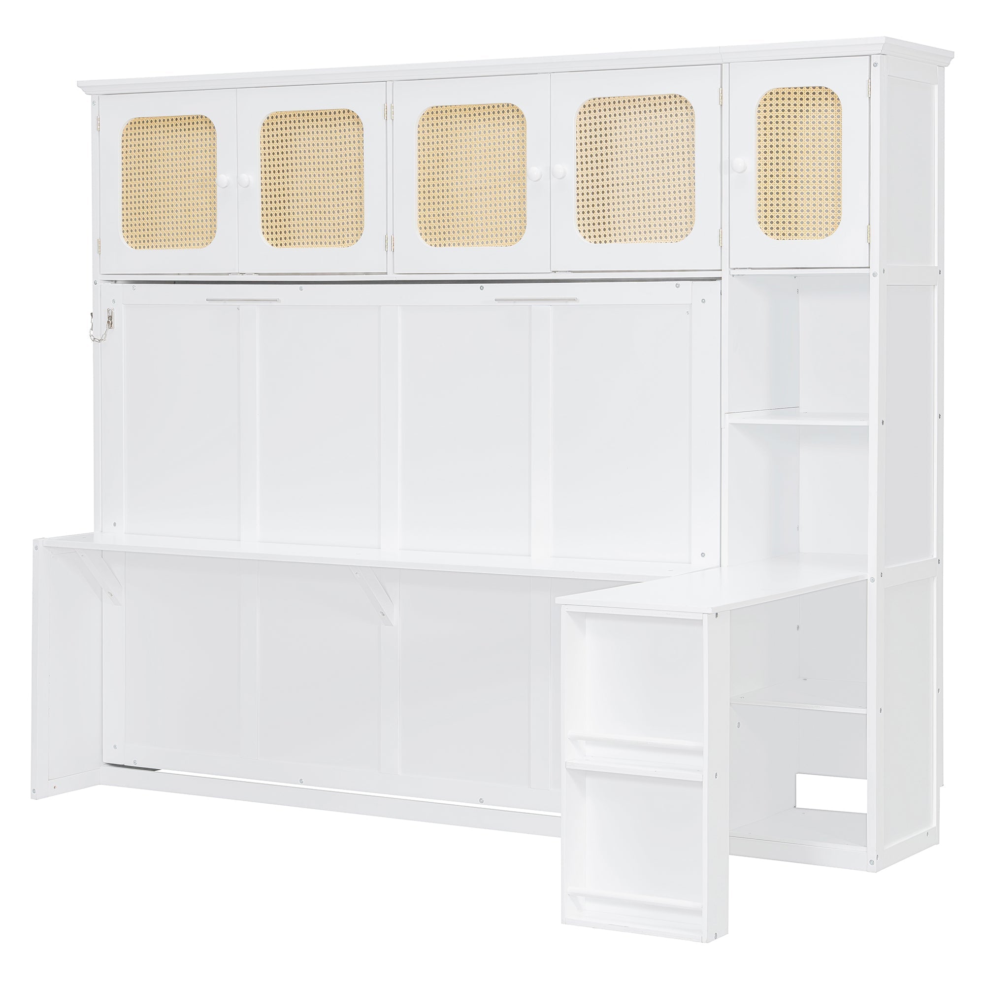 Murphy Bed with Desk and Rattan Cabinets, Warm White