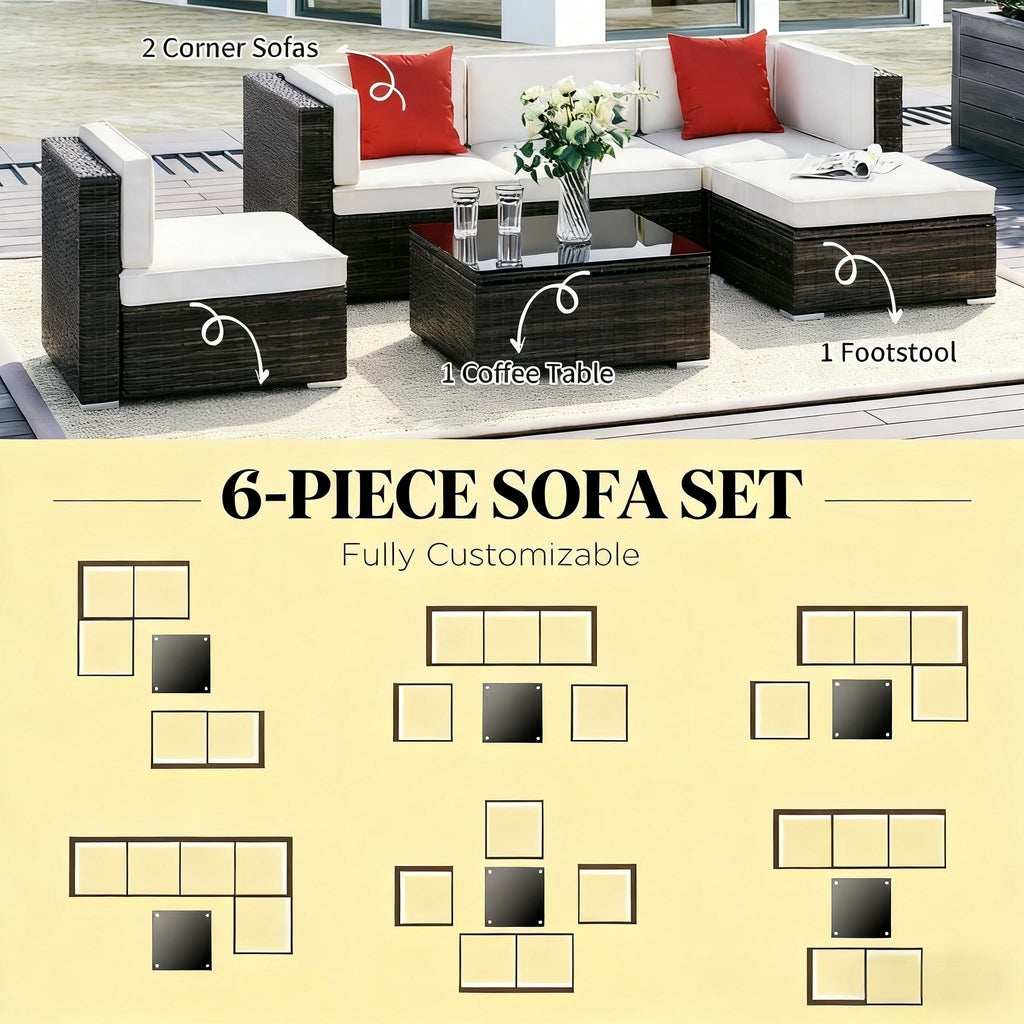 Outdoor Sectional Set PE Rattan Steel Brown Cream 6 Piece 395 LB
