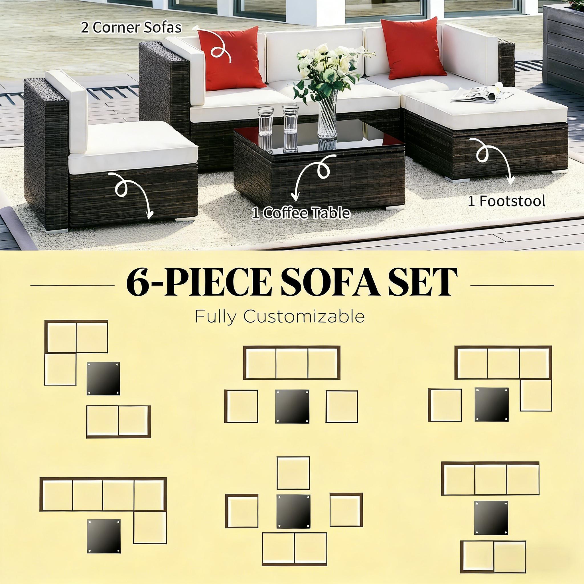 Outdoor Sectional Set PE Rattan Steel Brown Cream 6 Piece 395 LB