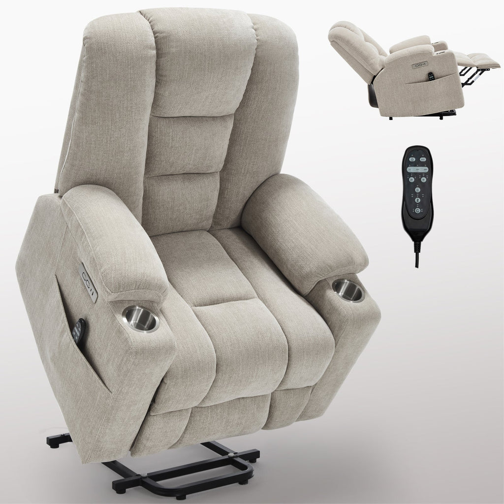Power Lift Recliner Chair Massage Heat USB Ports Beige