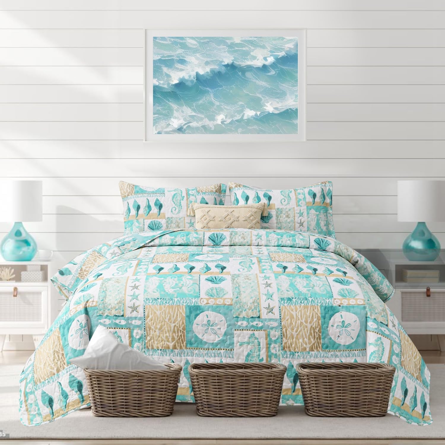 Beach Theme Quilt Set 3PC Seashell Starfish Coastal Ocean Bedspread