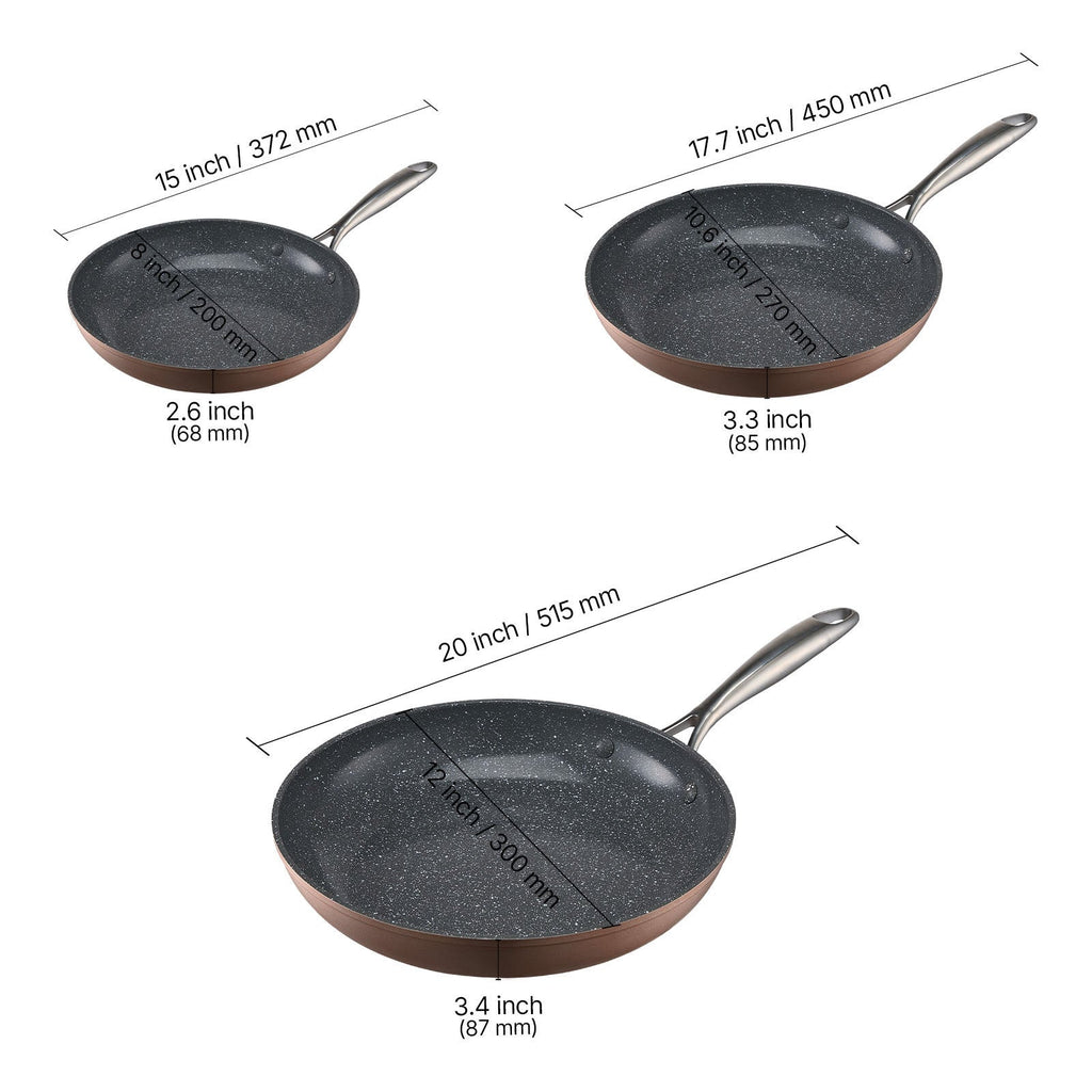 3 Piece Aluminum Skillet Set 8" 10" 12" Pre-Seasoned Grey
