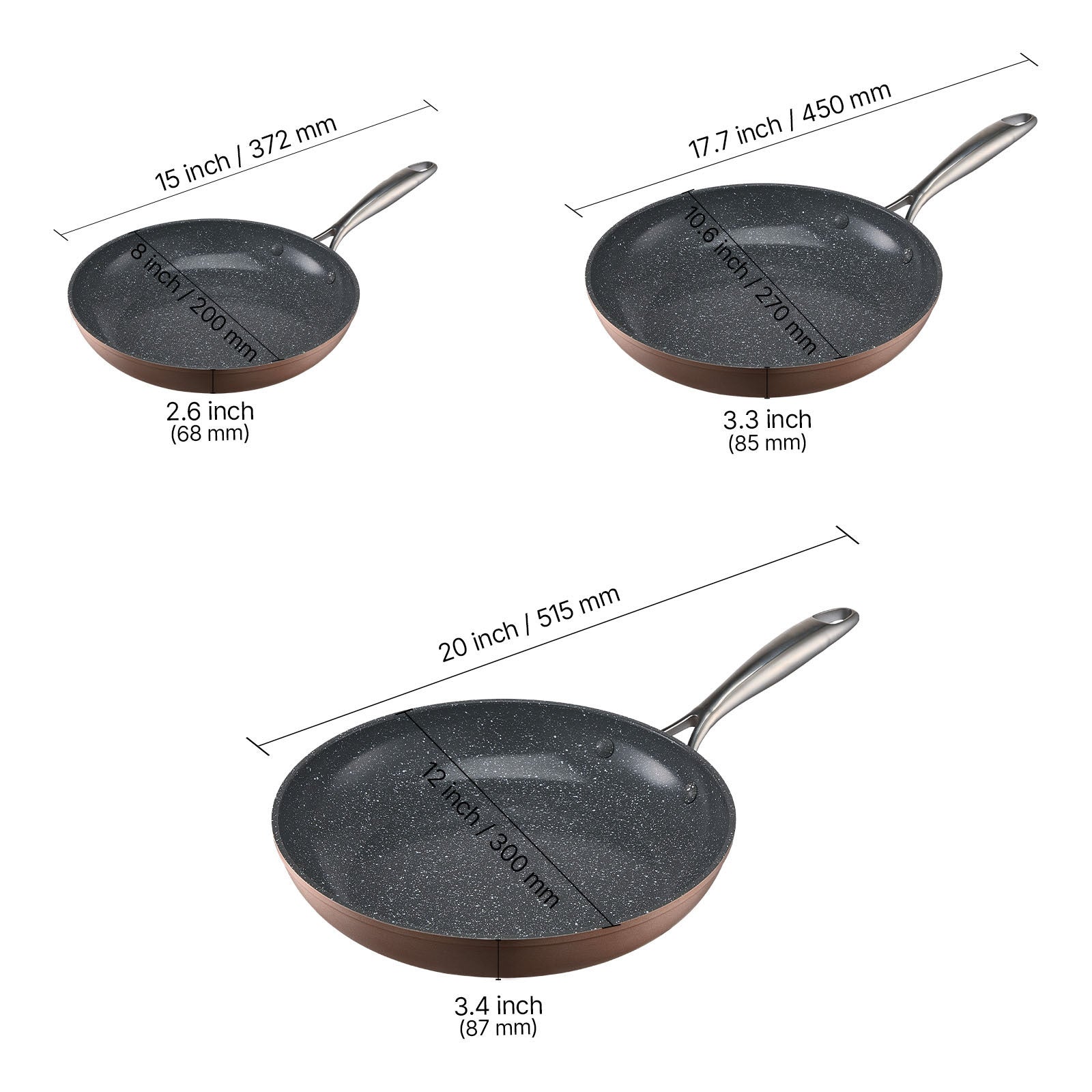 3 Piece Aluminum Skillet Set 8" 10" 12" Pre-Seasoned Grey