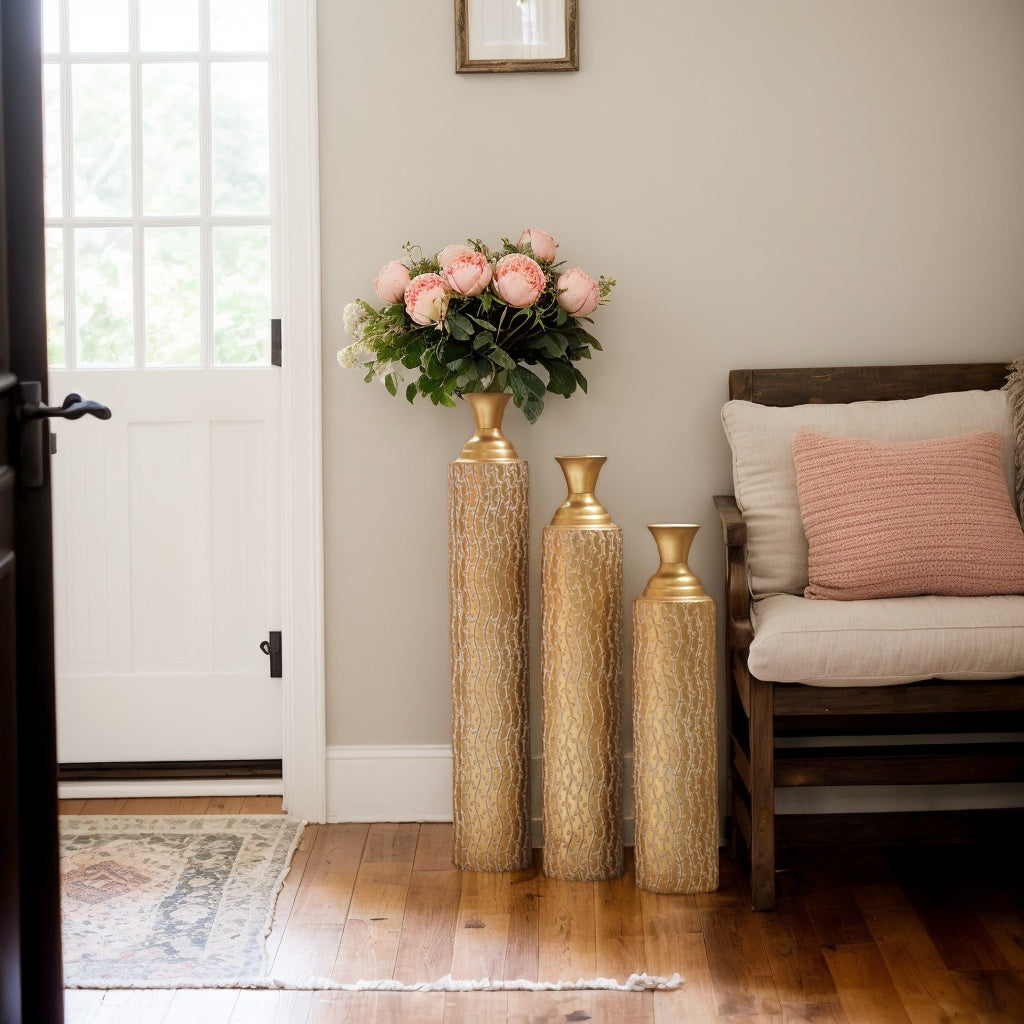 Set of 3 Gold Distressed Metal Vases with Vine Pattern 34