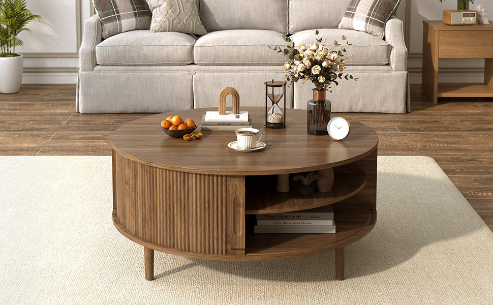 Round Lift-Top Coffee Table with Hidden Storage Sliding Door