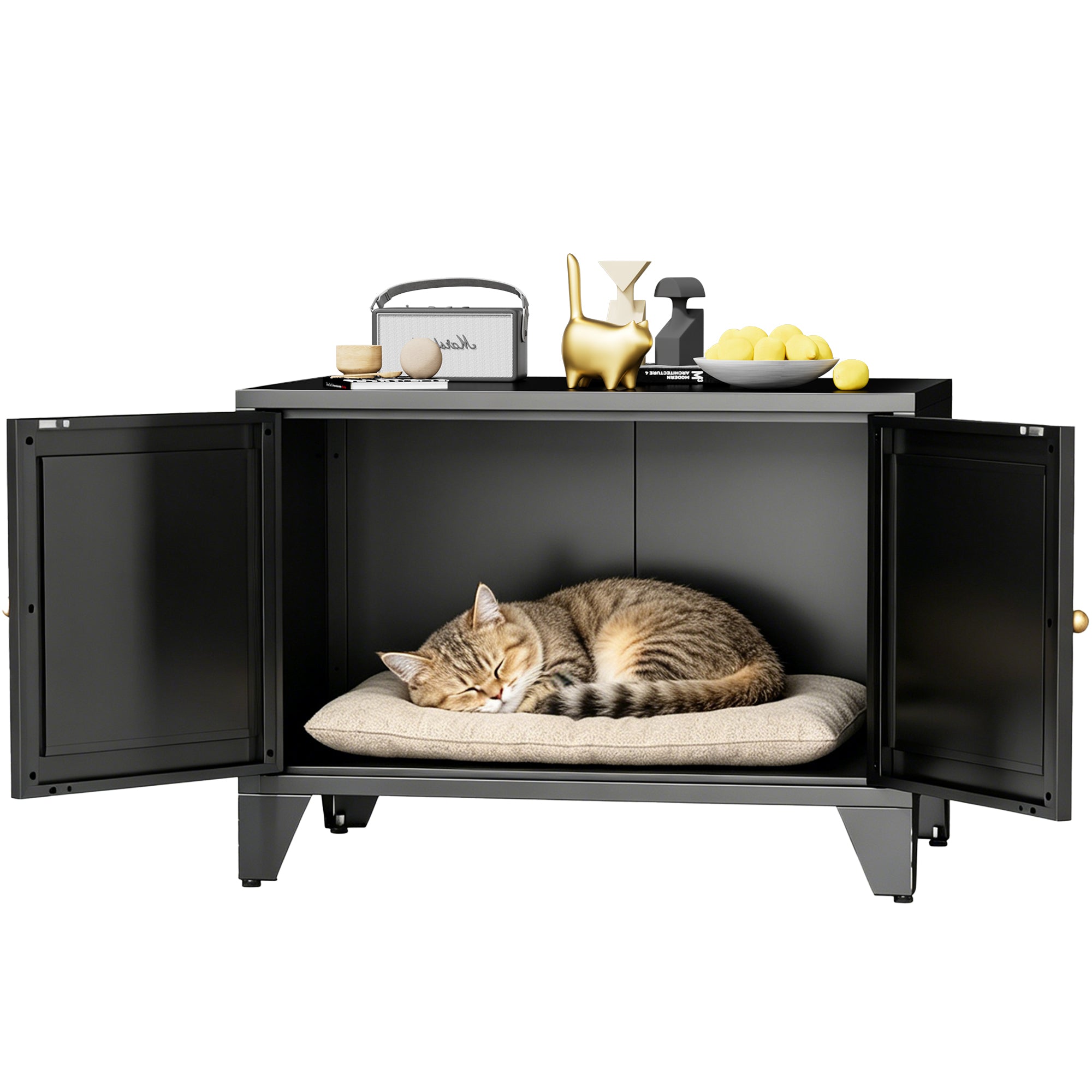 Modern Black Metal Cat Litter Box Enclosure Cabinet Furniture