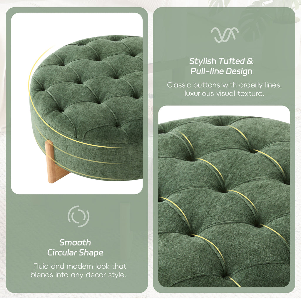 32' Round Tufted Ottoman with Solid Wood Legs, Chenille Fabric Footrest