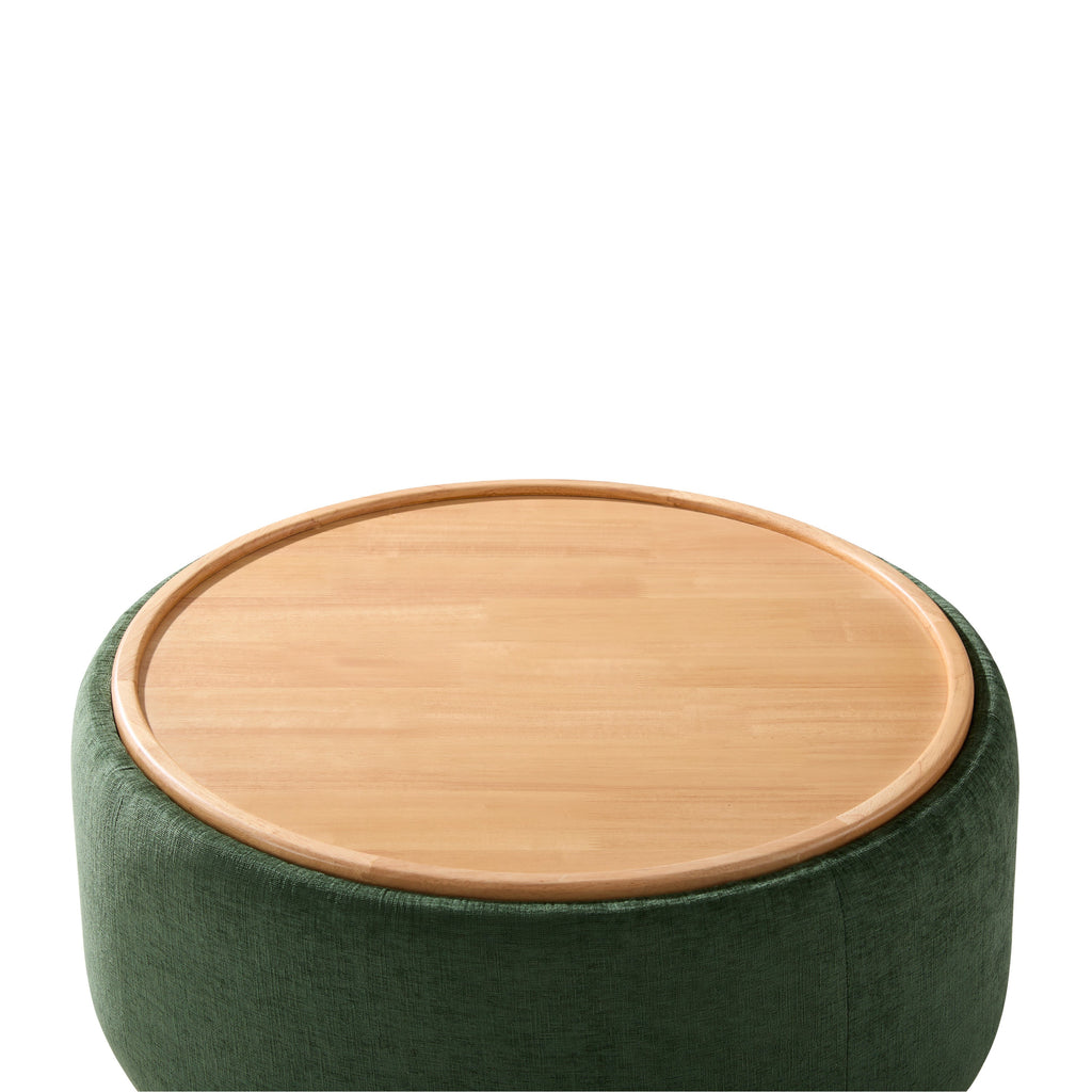 29 Inch Round Storage Ottoman Solid Rubberwood Legs Chenille, Green