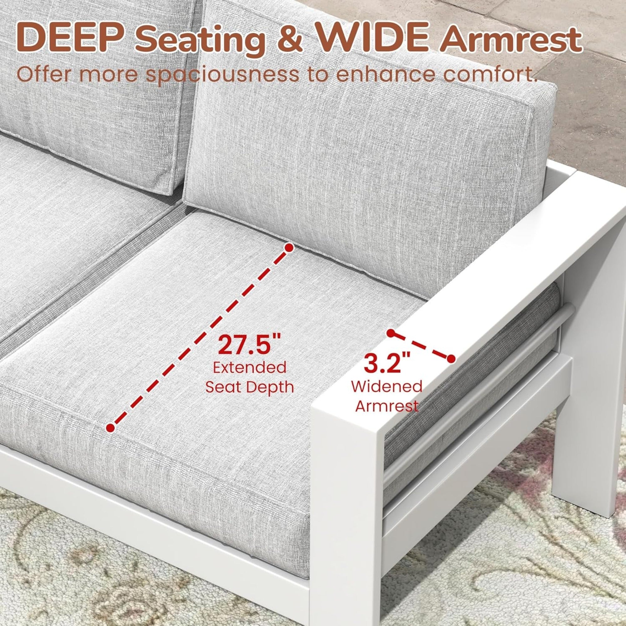 Outdoor Patio Set 3-Piece Aluminum White Gray Cushions