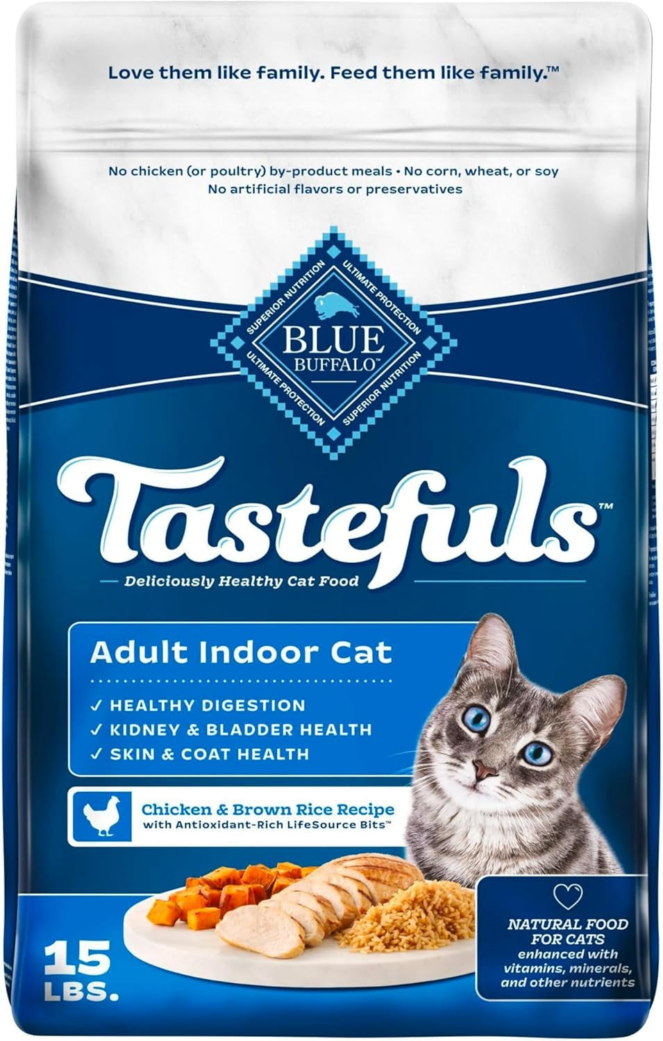 Blue Buffalo Tastefuls Natural Dry Food for Adult Indoor Cats, Chicken & Brown Rice Recipe, 15-Lb. Bag
