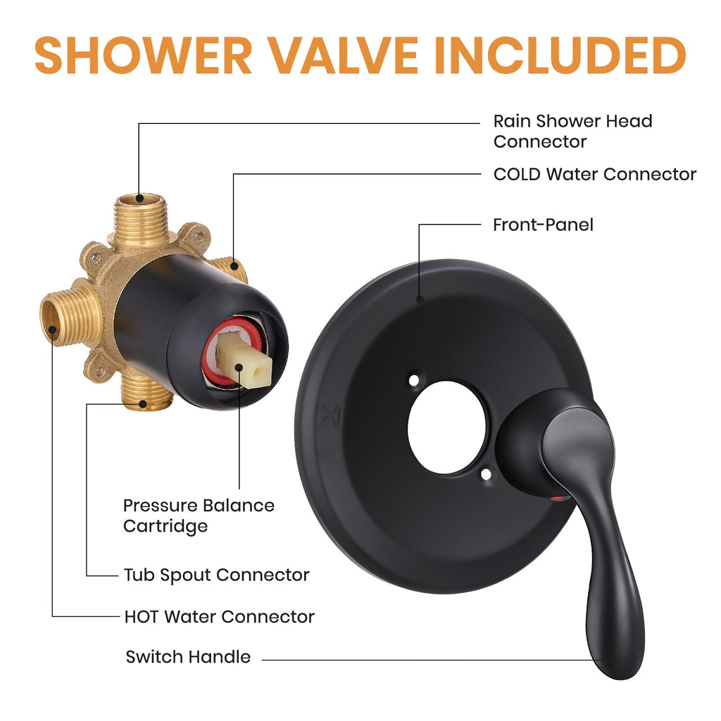 Matte Black Tub Shower Faucet Combo 5-Spray Rain Head