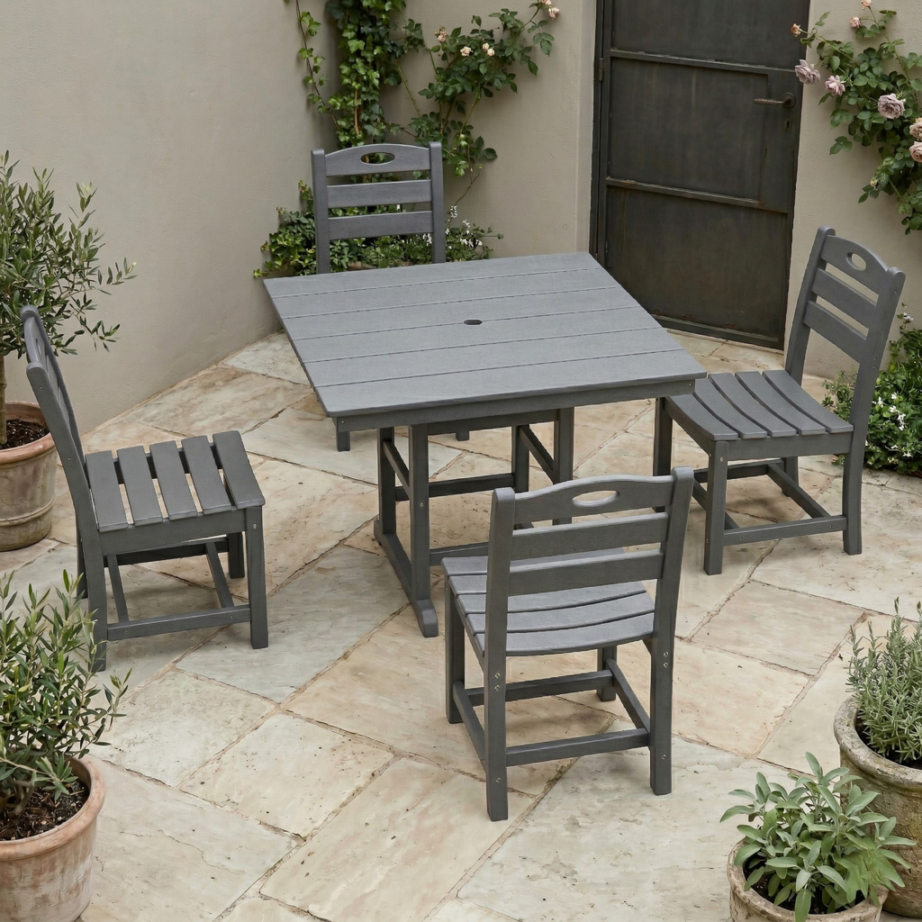 Outdoor Dining Set HDPE Gray 5 Piece Square Table Umbrella Hole Seats 4