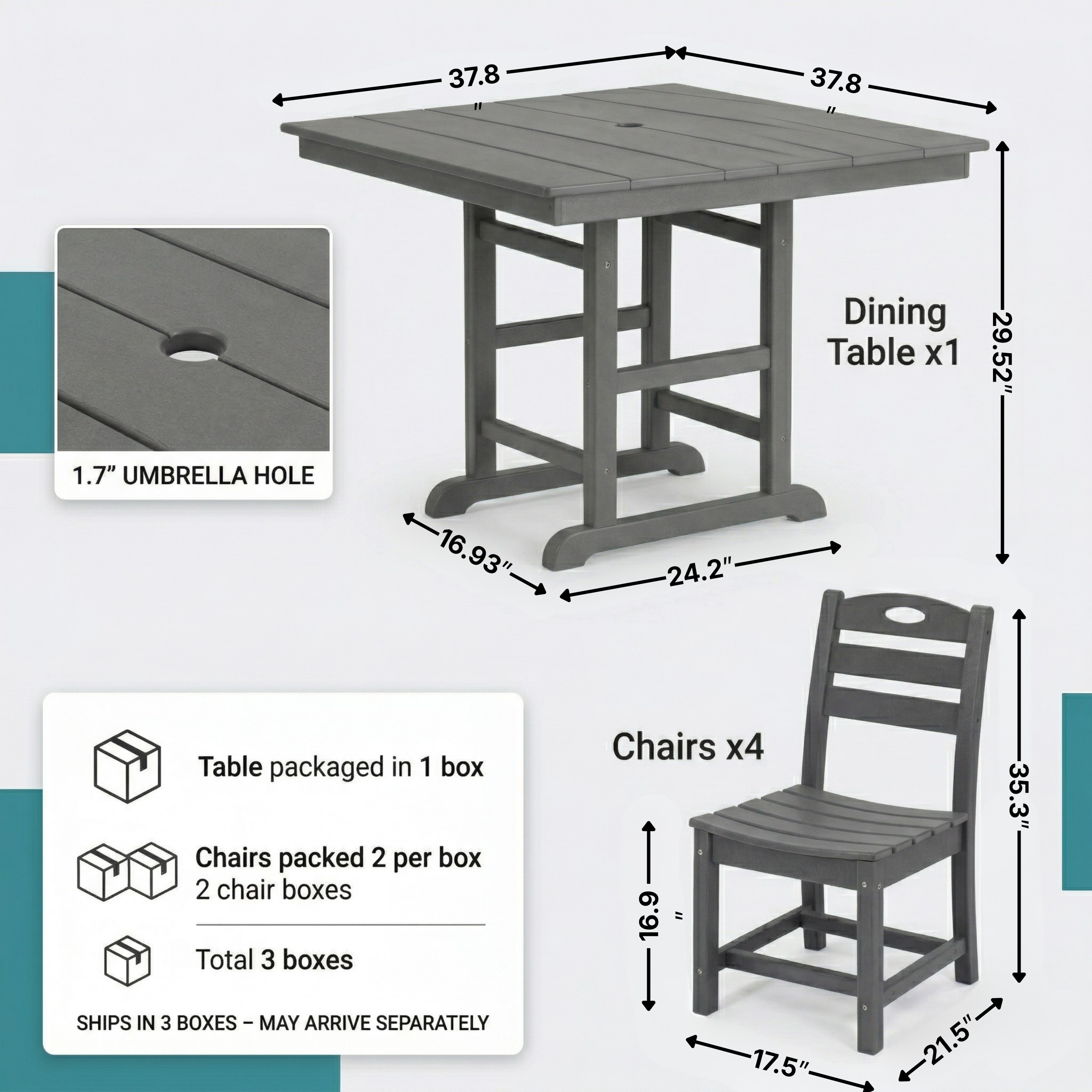 Outdoor Dining Set HDPE Gray 5 Piece Square Table Umbrella Hole Seats 4