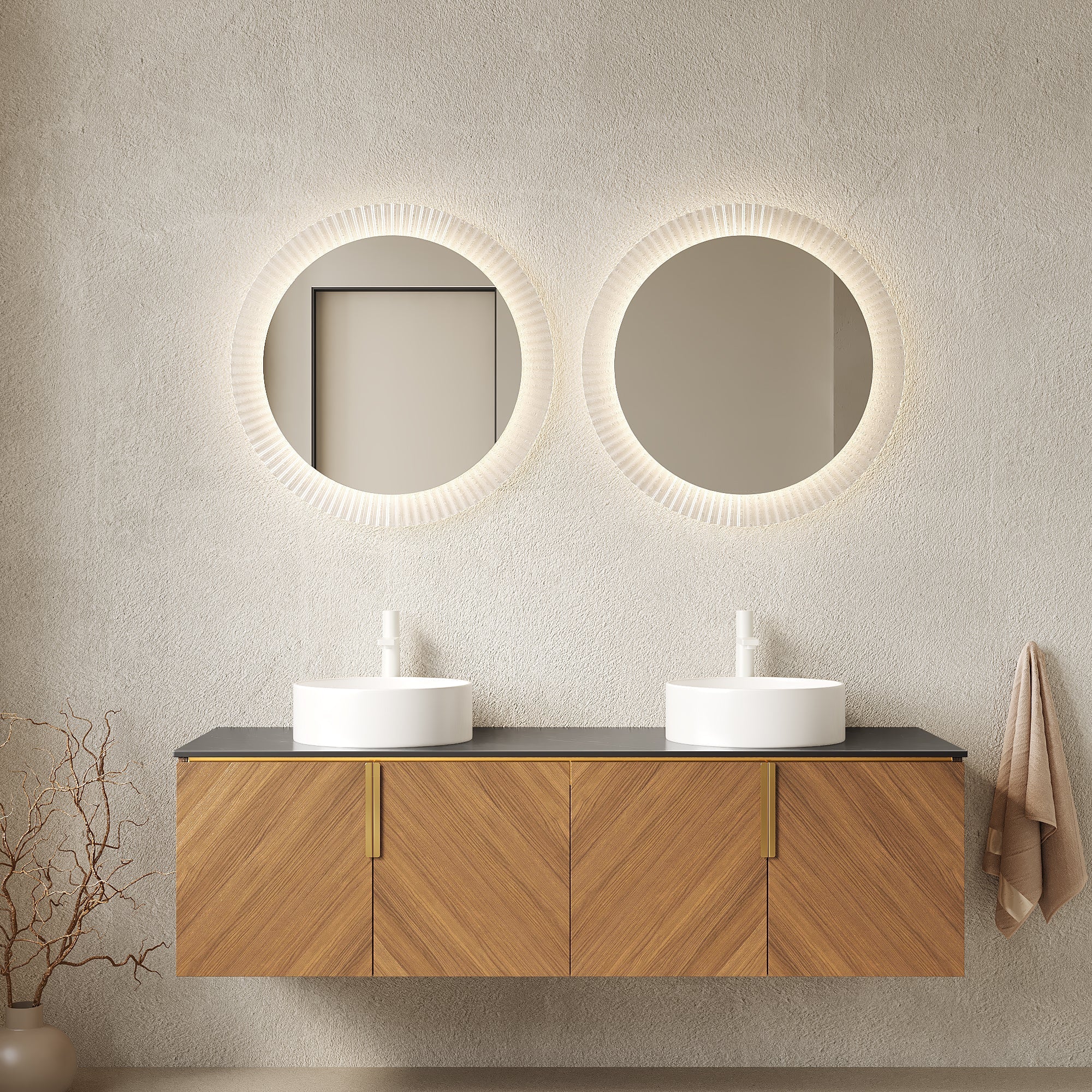 60' Bathroom Vanity with Sinks, Floating Wall-Mounted Plywood 4 Doors Black