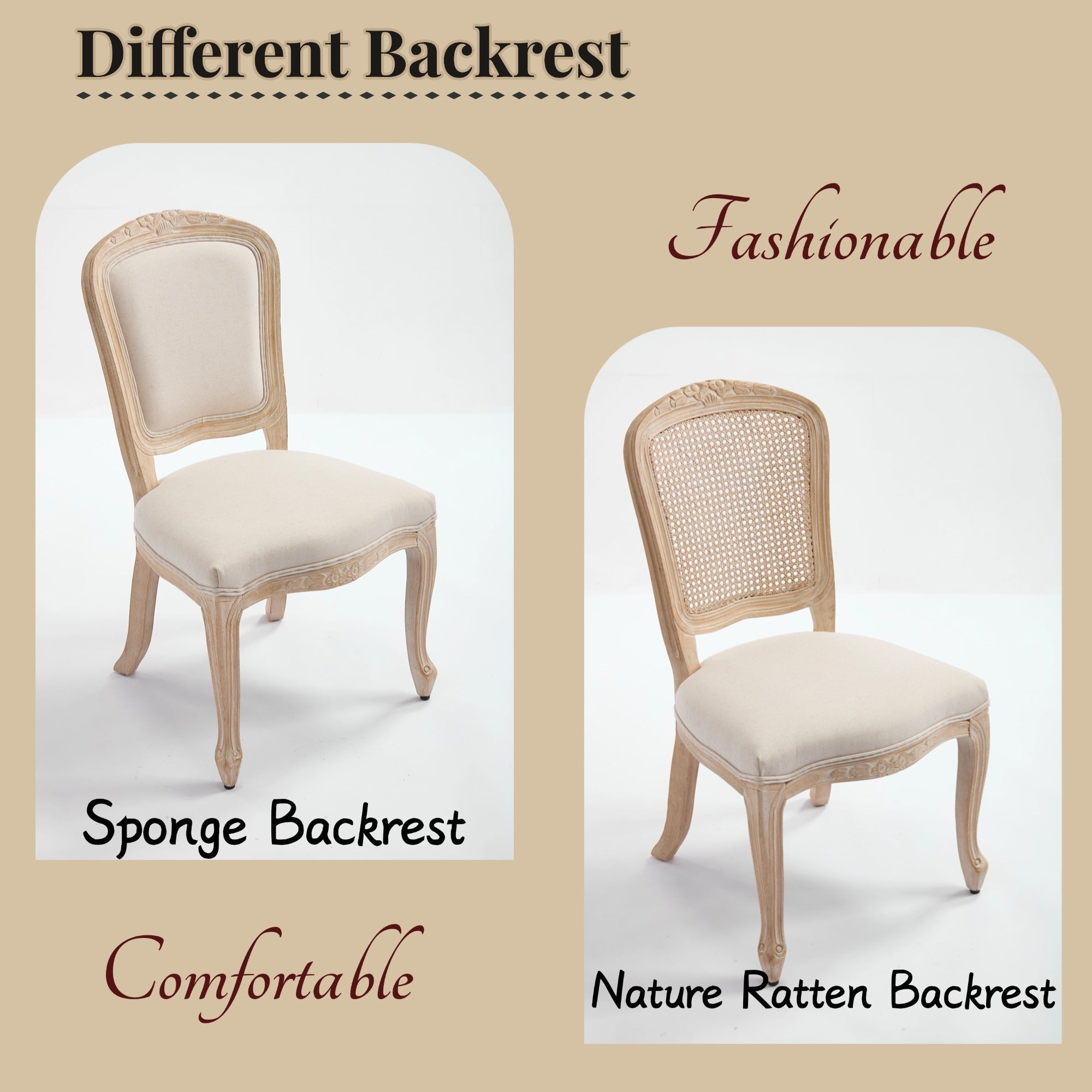 French Country Upholstered Dining Chairs Set of 2, Beige