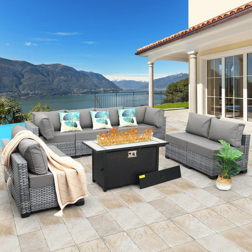 9 Pcs Patio Sectional Outdoor Furniture 45 Inches Fire Pit Outdoor Sectional Patio Furniture 60000 BTU Steel Propane Fire Pit Table Glass Wind Guard No-Slip 5" Cushions Waterproof Covers, Grey
