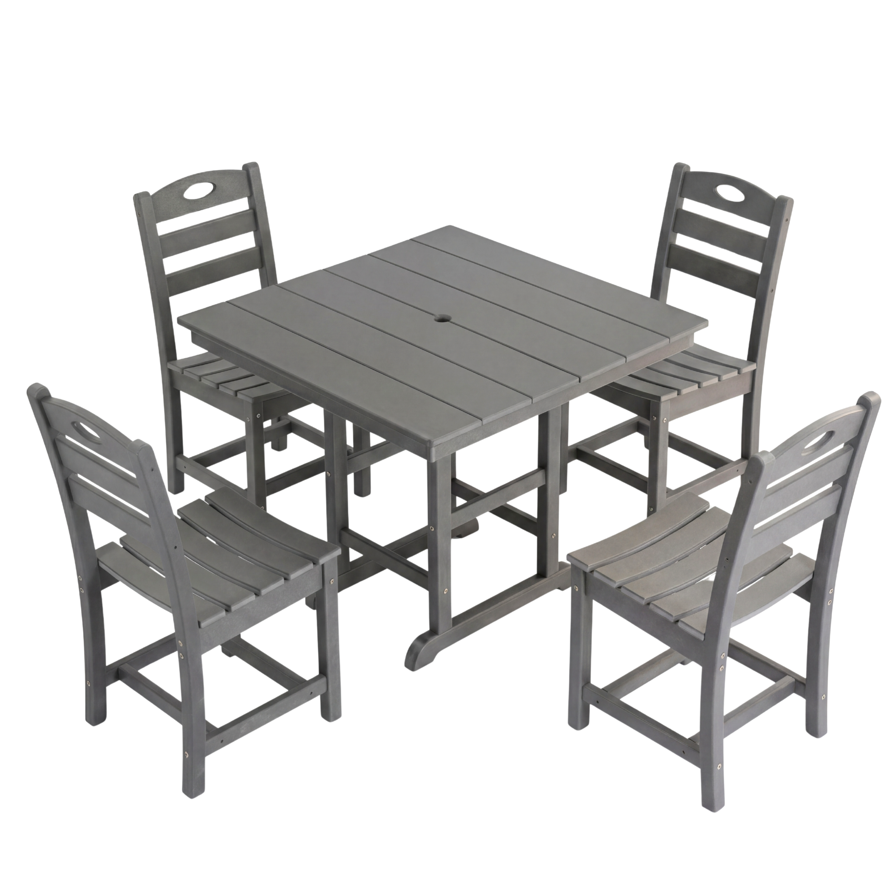 Outdoor Dining Set HDPE Gray 5 Piece Square Table Umbrella Hole Seats 4