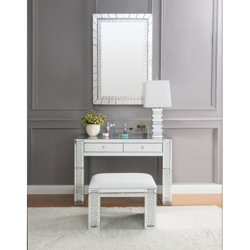 Vanity Stool - Ivory Synthetic Leather with Faux Crystal Inlay