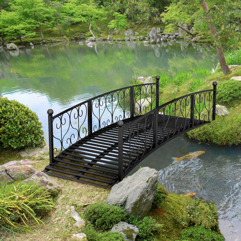 7' Metal Arch Garden Bridge with Safety Siderails Black