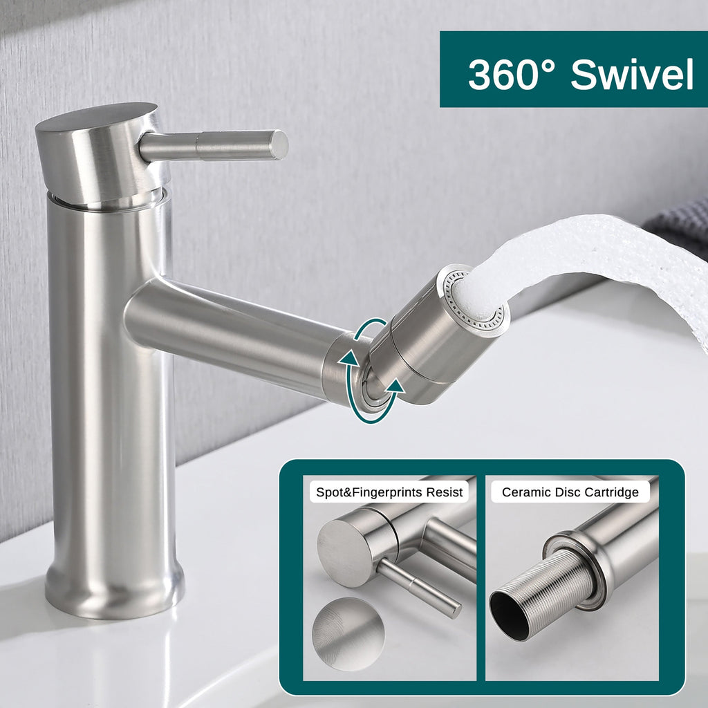 Brushed Nickel Bathroom Faucet 360° Rotating Aerator 2 Mode