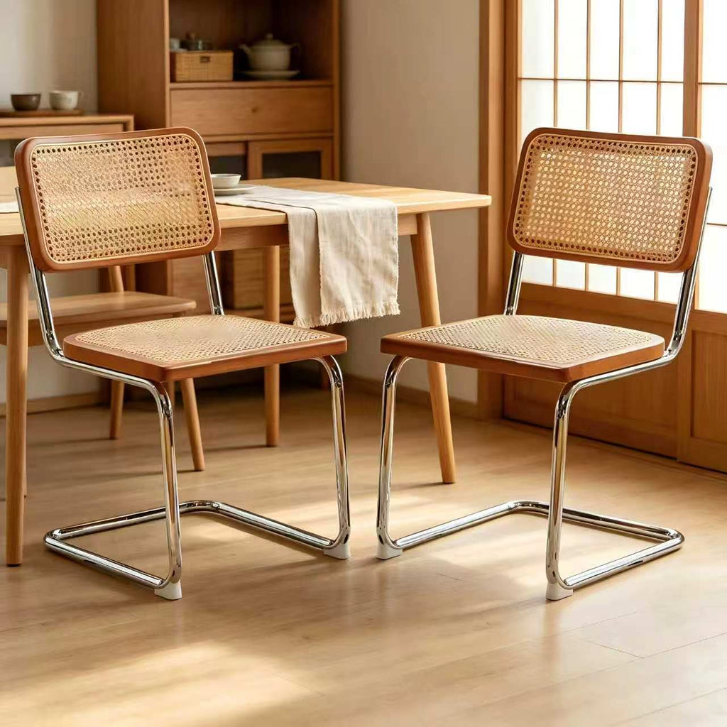 Set of 2 Rattan Side Chairs with Chrome Legs, Mid Century Modern
