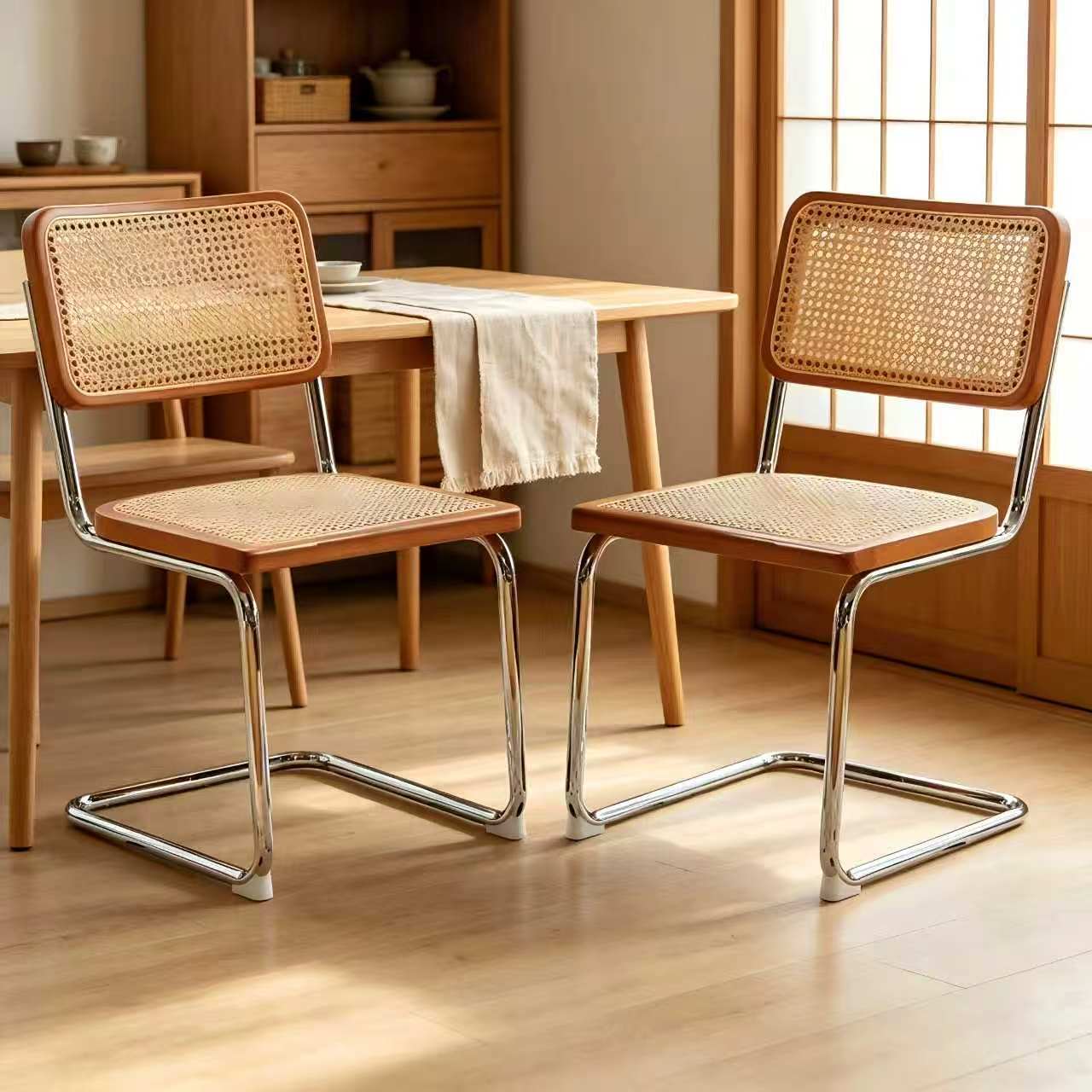 Set of 2 Rattan Side Chairs with Chrome Legs, Mid Century Modern