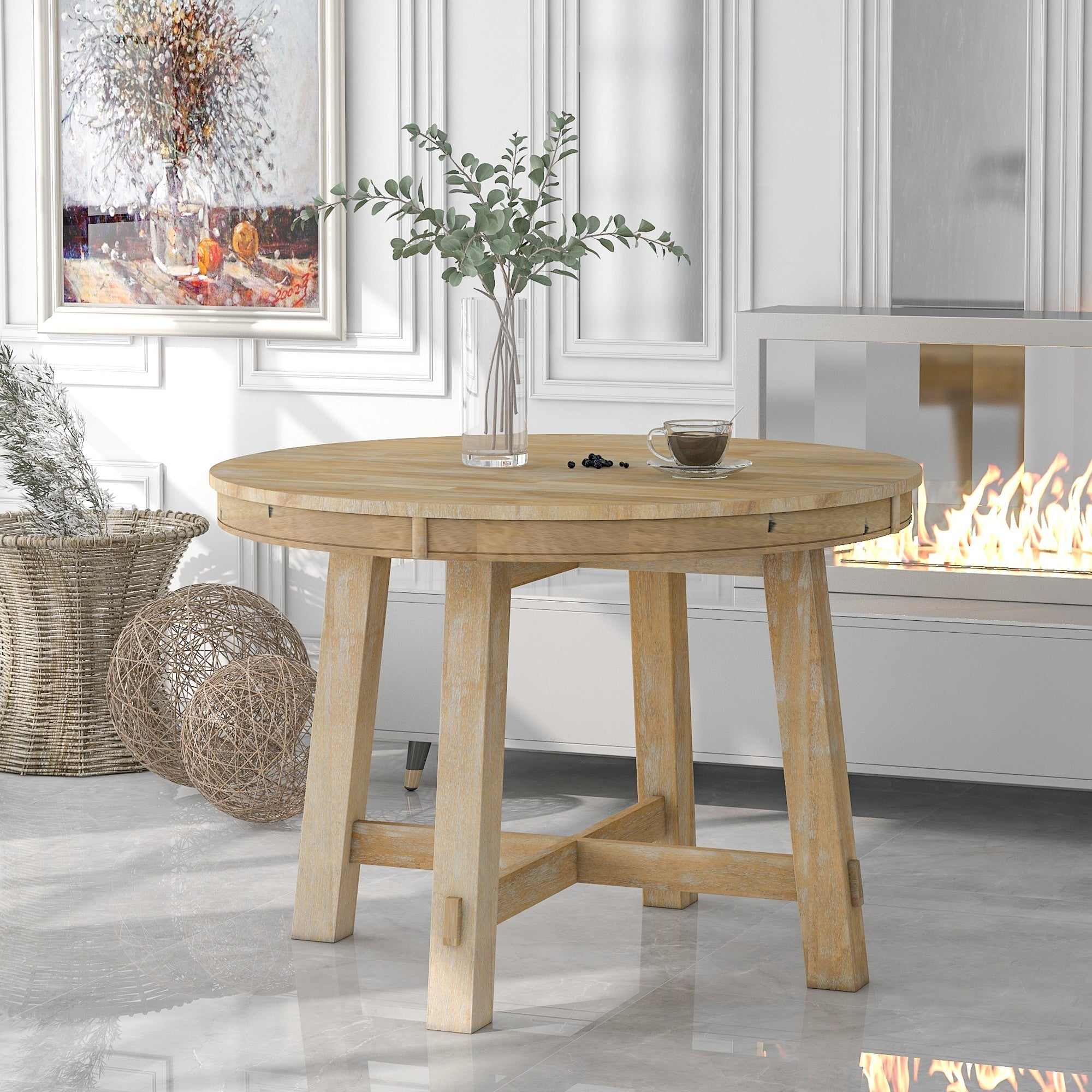 Gia Round Extendable Dining Table with Leaf, Natural Wood