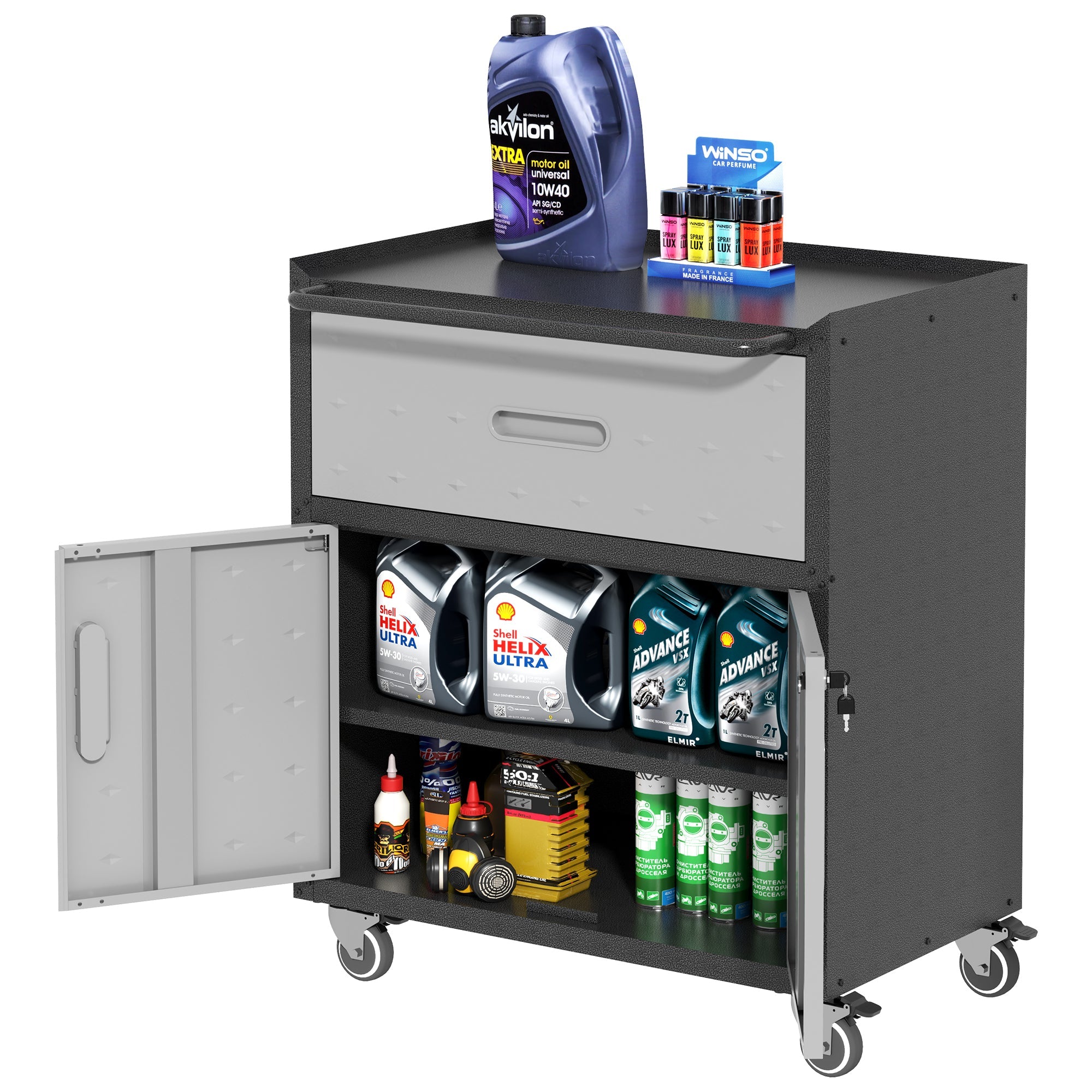 Metal Tool Cabinet with Wheels and Locking Doors