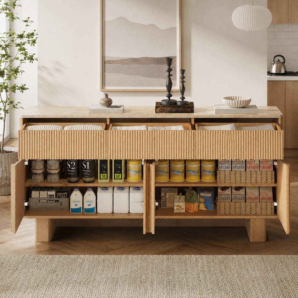 63" Sideboard Buffet Cabinet with Drawers, Faux Marble Top, Light Oak