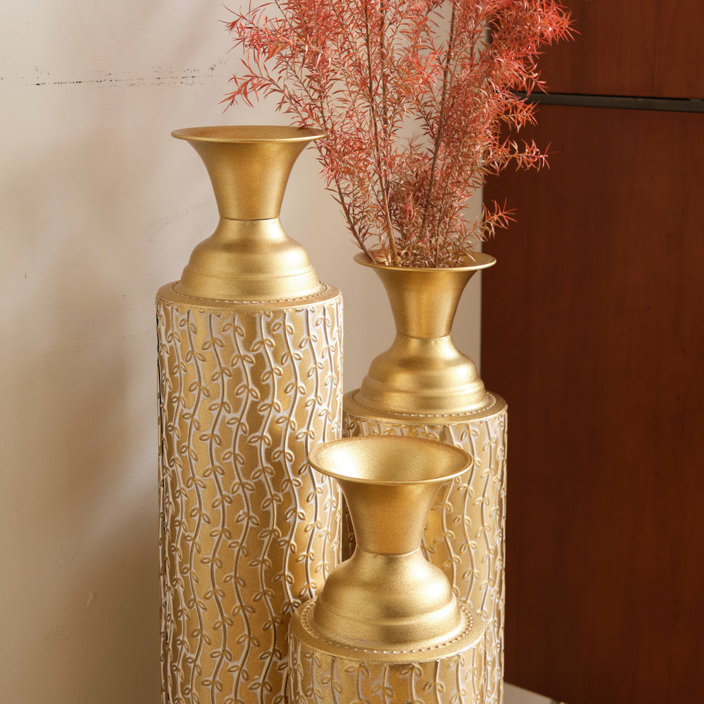 Set of 3 Gold Distressed Metal Vases with Vine Pattern 34