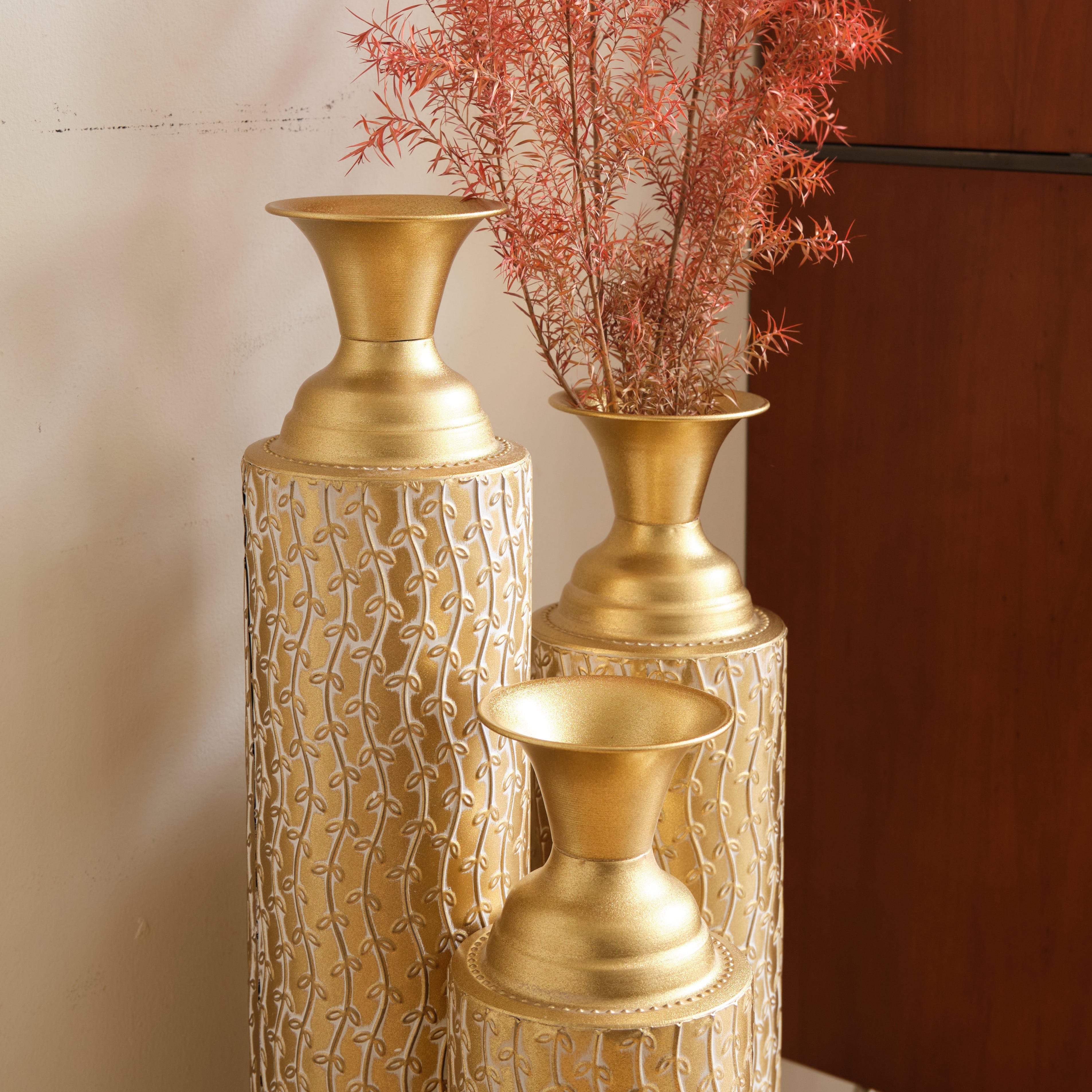 Set of 3 Gold Distressed Metal Vases with Vine Pattern 34