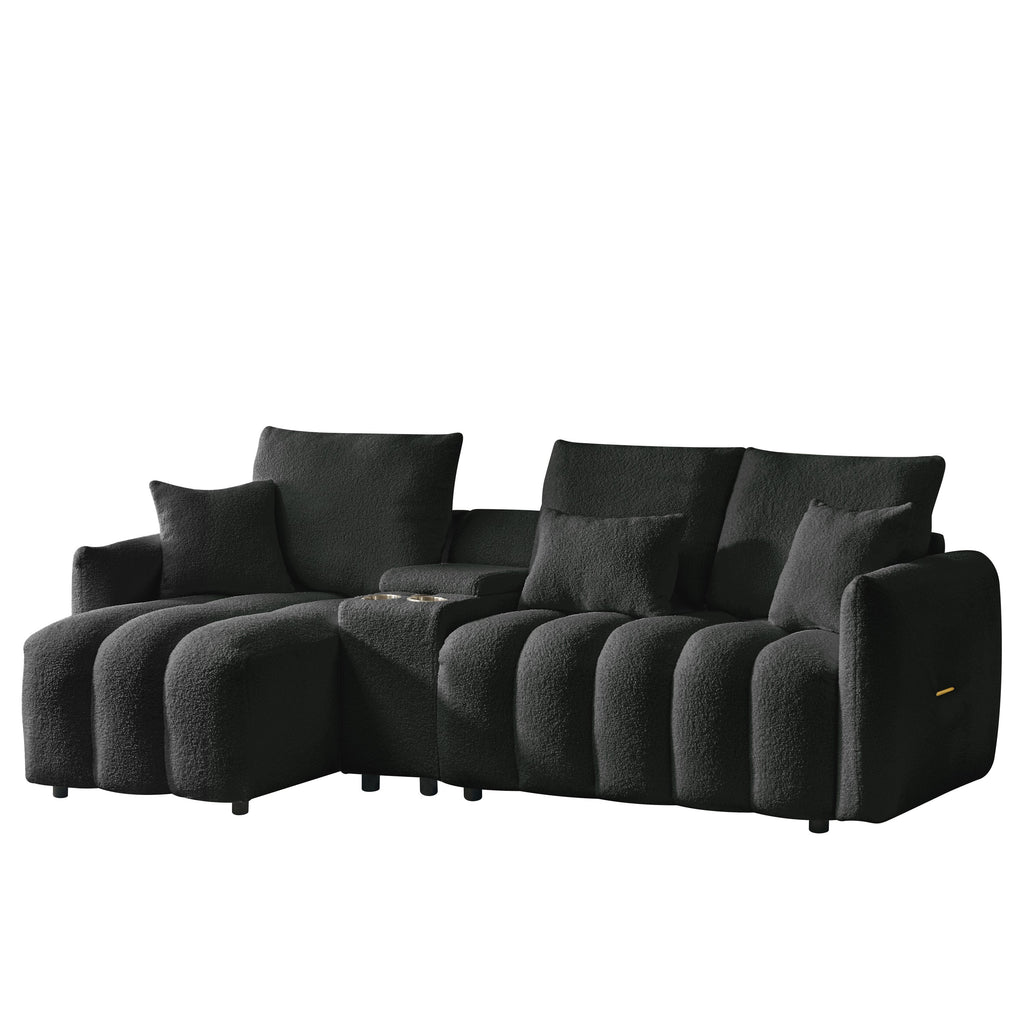 Sectional Sofa Teddy Fabric Black Console USB Cup Holder 3 Seat 330 LB