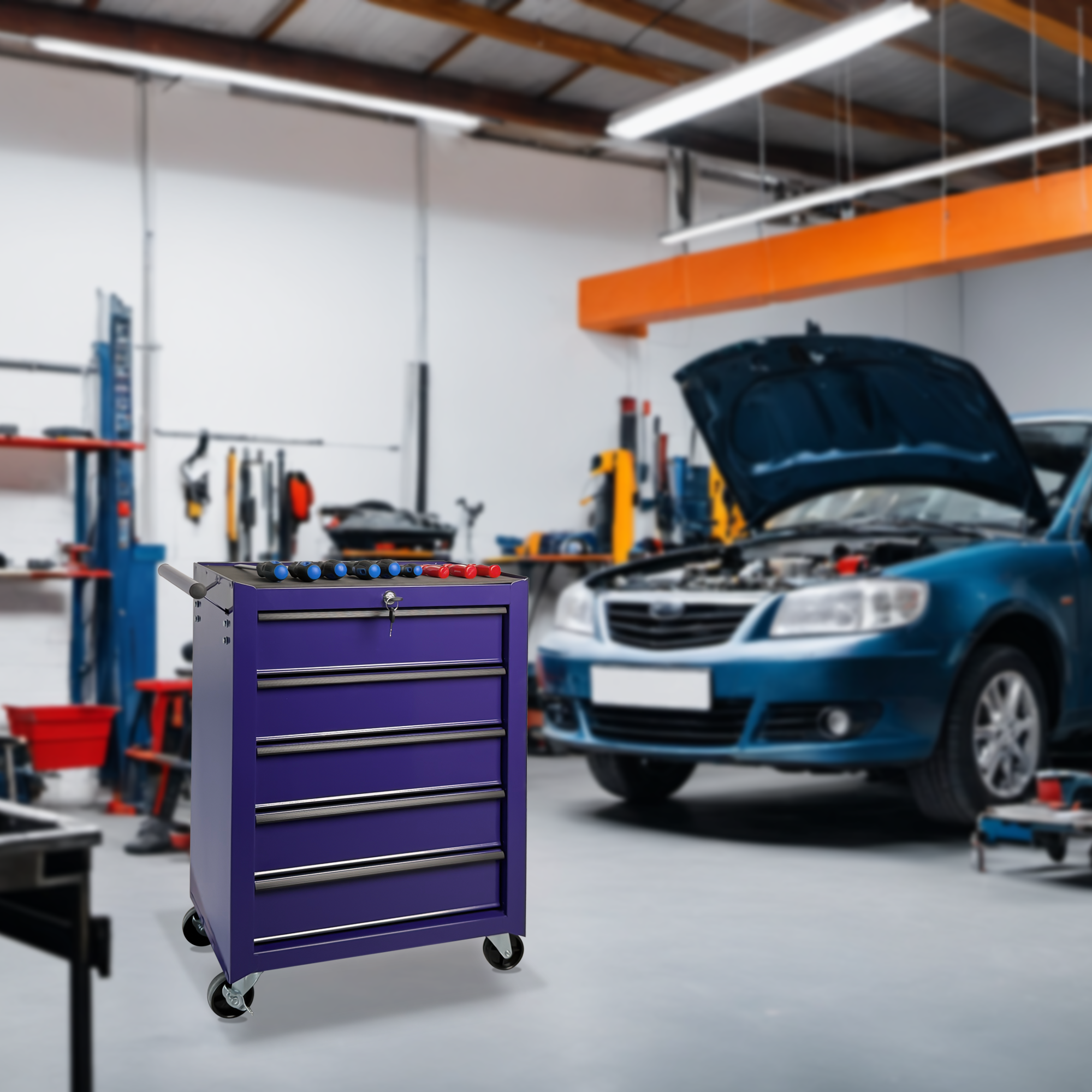 5-Drawer Rolling Metal Tool Chest Cabinet, Purple Steel Storage