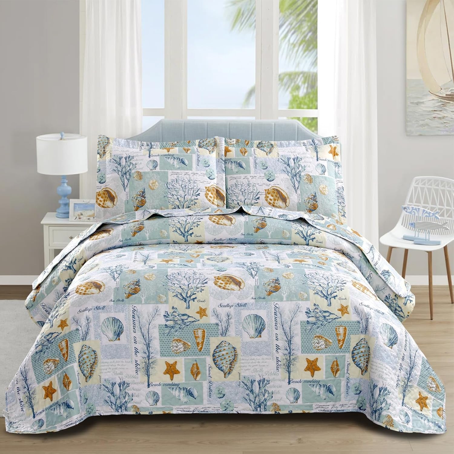 Beach Theme Quilt Set 3PC Seashell Starfish Coastal Ocean Bedspread