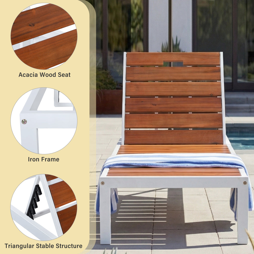 Outdoor Chaise Lounge Acacia Wood Steel Frame White Brown 78.7