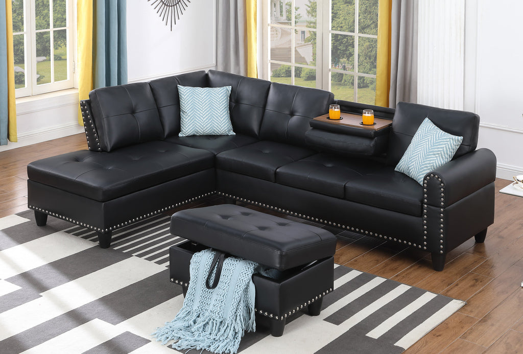 Black Faux Leather L-Shaped Sectional with Storage and Cup Holders