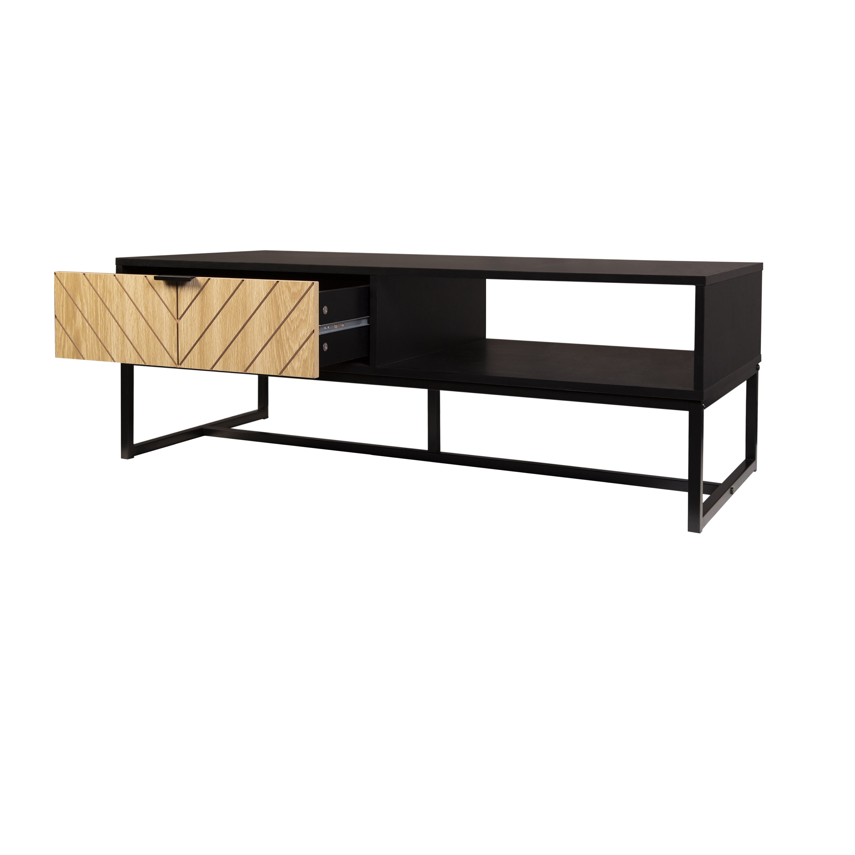 Black TV Stand with Wood Drawer and Storage Cubby