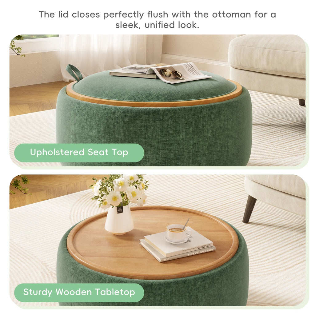 29 Inch Round Storage Ottoman Solid Rubberwood Legs Chenille, Green