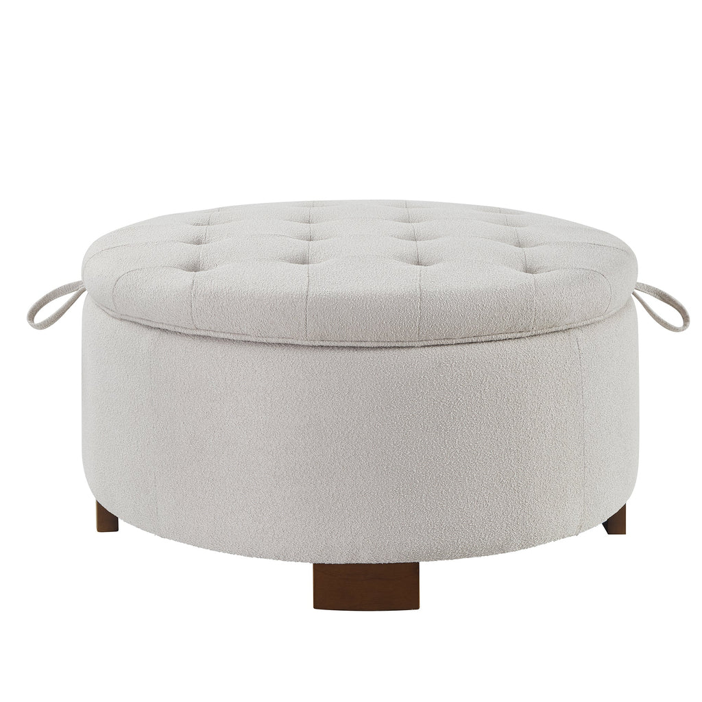 Round Storage Ottoman with Reversible Lid, Boucle Fabric Upholstered, Beige