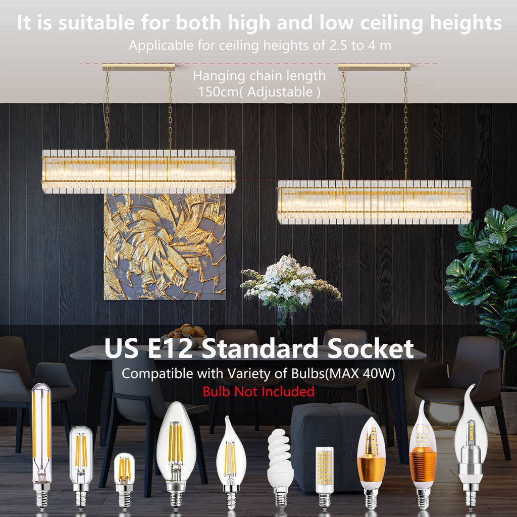 Chandelier Crystal Glass 10-Light Gold Modern Rectangular Pendant Dining