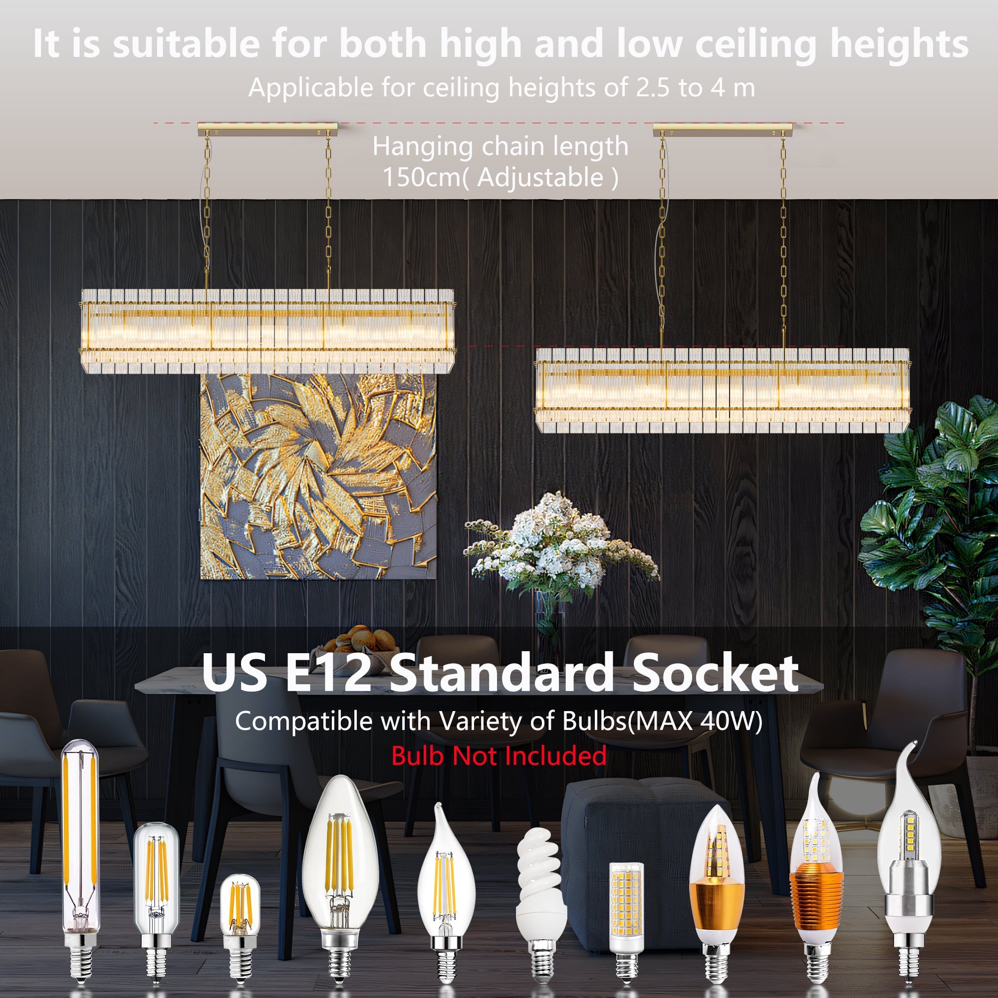 Chandelier Crystal Glass 10-Light Gold Modern Rectangular Pendant Dining