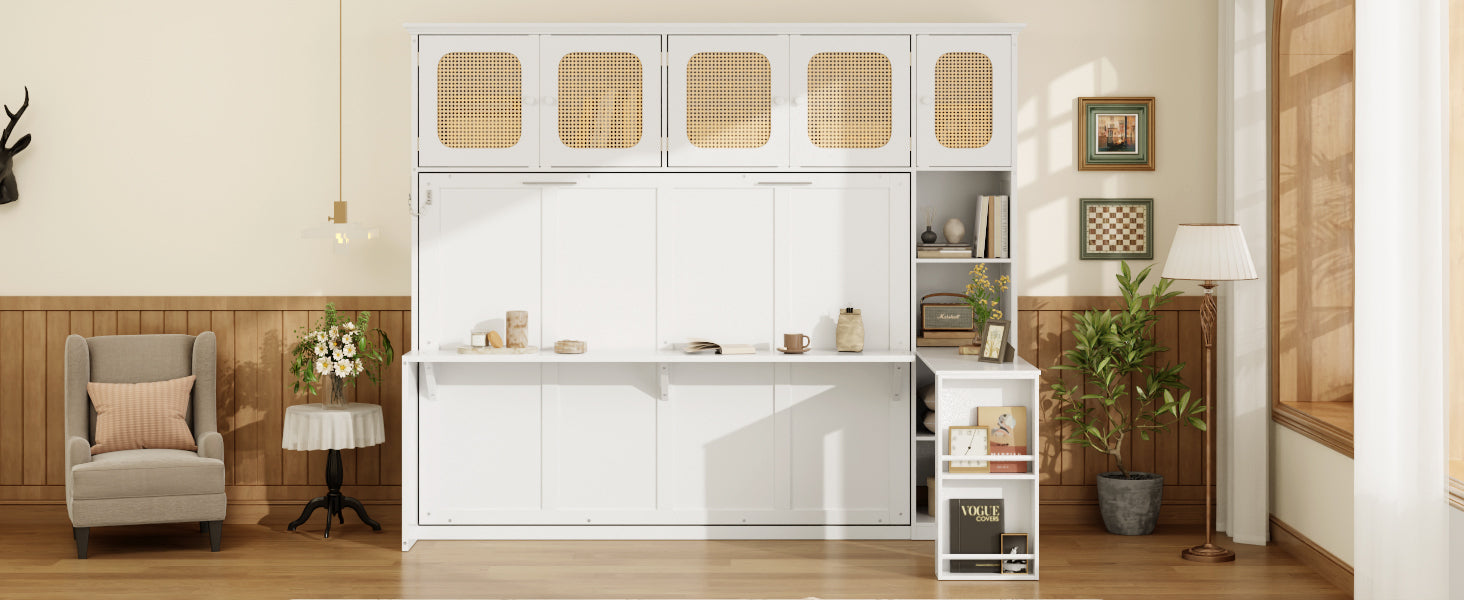 Murphy Bed with Desk and Rattan Cabinets, Warm White