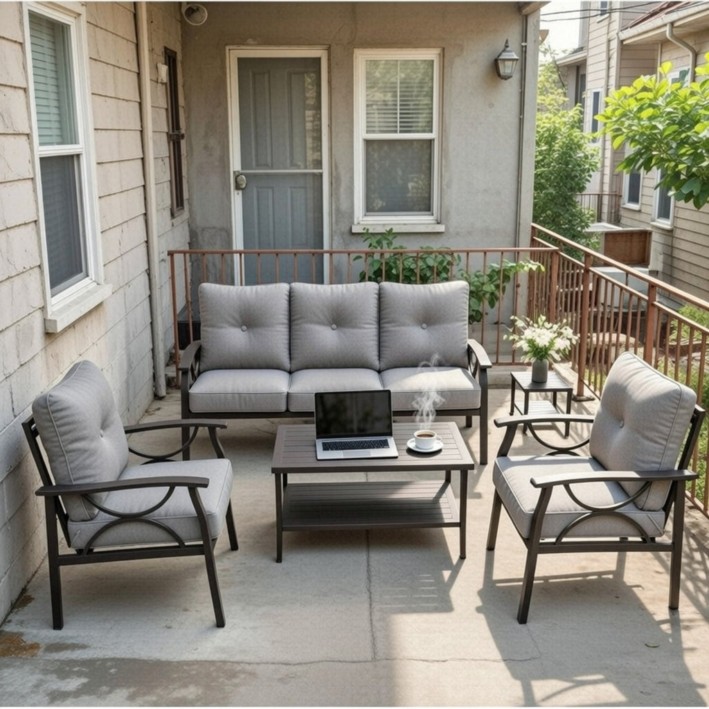 Outdoor Patio Set Steel 5 Piece Khaki Gray Cushions