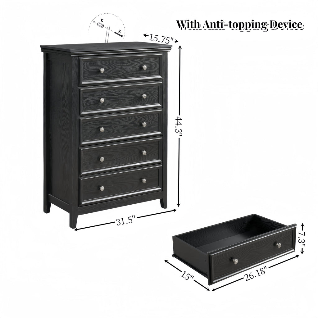 Black 5 Drawer Dresser Chest Cabinet Storage Organizer