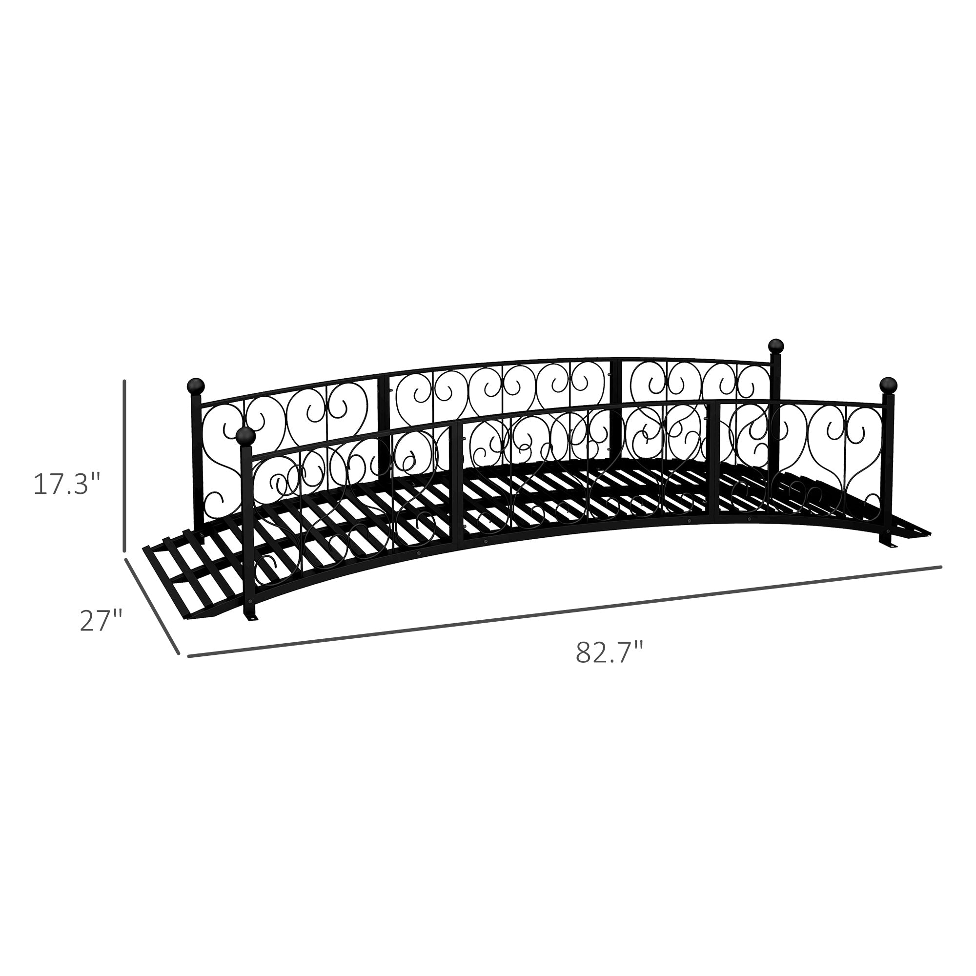 7' Metal Arch Garden Bridge with Safety Siderails Black